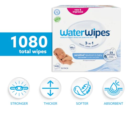 Image of WaterWipes Sensitive+ Newborn & Baby Wipes, 3-In-1 Cleans, Cares, Protects, 99.9% Water, Unscented & Hypoallergenic, 1080 Count (18 Packs)