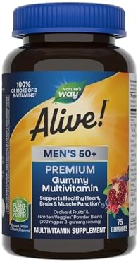 Nature’s Way Alive! Men’s 50+ Premium Gummy Multivitamin, Supports Healthy Heart, Brain & Muscle Function*, B-Vitamins, Vegetarian, Grape, Orange and Cherry Flavored, 75 Gummies