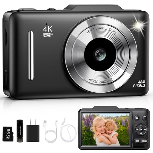 Digital Camera 4K Autofocus Vlogging Camera for Photography with 16X Zoom Anti Shake, 32GB Card, 48MP Compact Portable Point and Shoot Camera for Kids Boys Girls Teens Beginner（Black）