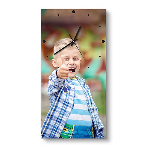 DEQORI Reloj de cristal personalizado con foto, horizontal, 30 x 60 cm, diseño de lunares, color blanco, imagen propia, reloj de diseño grande XXL de cristal, silencioso, para salón y cocina, moderno