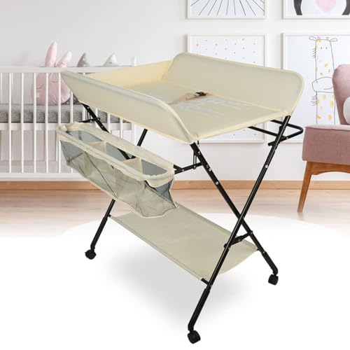Table à langer pour bébé pliante et mobile avec 3 compartiments de rangement beige