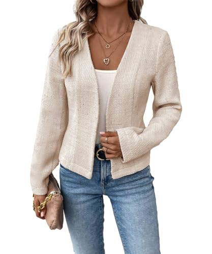 Tweed Blazer Jackets for Women Sweater Blazers Beige Cream Petite Cardigan Collarless Cardigans Sweaters Wool Slim Fitted Jackets Beige L2