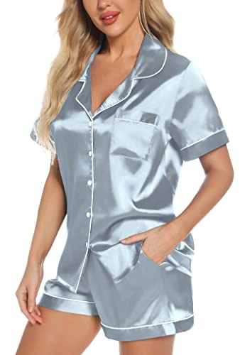 Samring Button Down Pajamas Women Silk Satin Pajama Set Summer Short Sleeve 2 Pieces Pjs Shorts Sets with Pocket Light Blue L — view 3