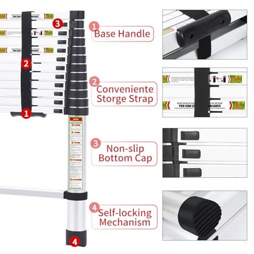 RIKADE Telescopic Ladder, 12.5 ft Aluminum Telescoping Ladder with Non-Slip Feet, Portable Extension Ladder for Household and Outdoor Working,330 lb Capacity by RIKADE - Image 3