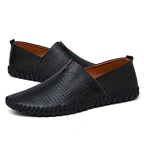 Loafer for Men Round Toe Pull On Lychee Pattern Hand Stitching Pull Tap Anti Slip Genuine Leather Rubber Sole(Hollow Black,10 M US)4
