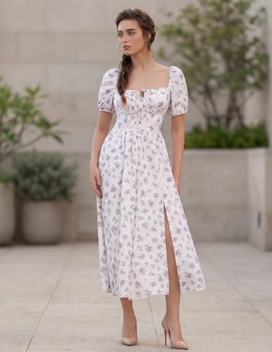 Image of Scarlet Darkness Women's Floral Corset Dress with Split 2026 Summer Spring Square Neck Midi Milkmaid Dresses White Purple Bouquet-Floral L