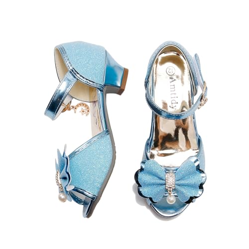 Image of Amtidy Girls Glitter Bow Low Heel Princess Shoes, Mary Jane Ankle Strap Dress Pumps for Wedding Birthday Party Performance
