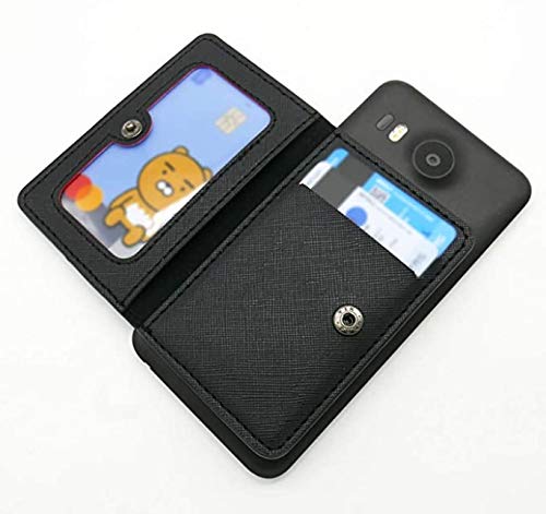 Saffiano Leather Self Adhesive Credit Card Holder Stick on Wallet Cell Phone Wallet for Smartphone Sleeves with Multiple Card Sleeve-Flip Style with snap Fastener and ID Window (Black)