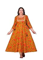 LABULY Designer Jaipuri Women Embroidered Pure Cotton Flared Plus Size Kurta (Mustard)