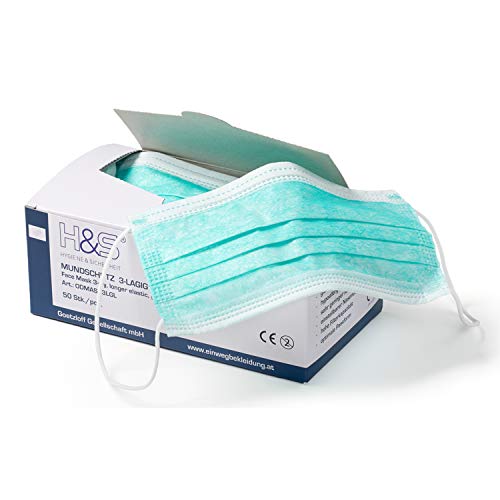 Mascarilla Cirujano 3 capas de ISC H&S, caja de 50 unidades (verde) | Mascharillas Desechables | con cinta elástica en comodidad Cover