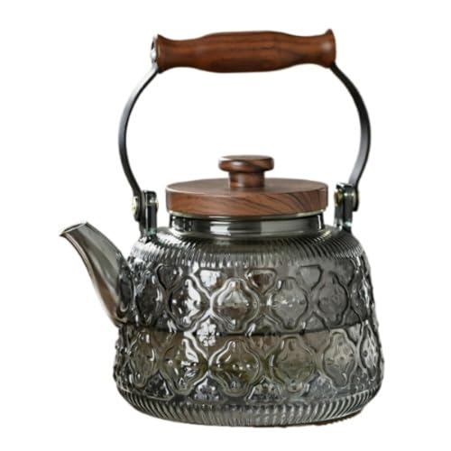耐熱ガラス製 ティーポット(ガラス急須/紅茶ポット兼用) 茶こし付き 木製持ち手 直火可 手作り工芸風 多茶種対応(フルーツティー/花茶/工芸茶/ハーフティー) 健康茶器 (グレー)