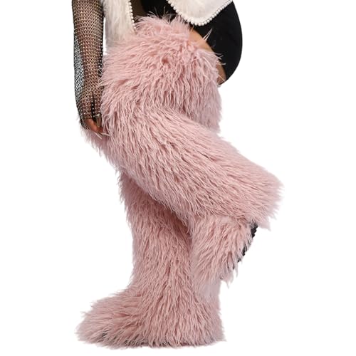 Image of Black Thigh High Fur Boots, Over the Knee Fluffy High Boots, Tall Furry shoes for Women