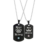 SXNK7 Her King & His Queen Lovers Couple Necklaces Matching Set Black Stainless Steel Tag Necklace Bracelet with Stone for Xmas Gift
