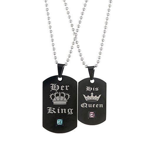 SXNK7 Her King & His Queen Lovers Couple Necklaces Matching Set Black Stainless Steel Tag Necklace Bracelet with Stone for Xmas Gift