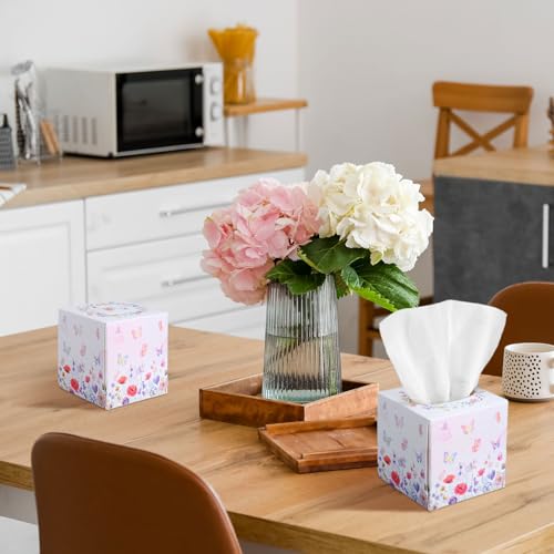 Image of Fourluoo 12 Pack Floral Butterfly Facial Tissues Cube Boxes 600 Sheet 3 Ply | Flower Butterfly Design Small Square Face Tissues Bulk for Summer Car Bedroom Desktop Supply, Soft Facial Tissues, Disposable