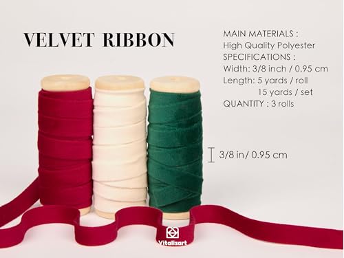 Vitalizart Christmas Velvet Ribbon Set 3/8" x 5Yd x 3 Rolls (White Red Green) with Wooden Spool - Image 2