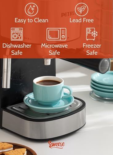 Image of Sweese 2.5 Ounce Porcelain Stackable Espresso Cups with Saucers and Metal Stand Set of 4, Turquoise