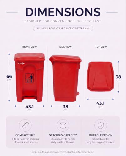Image of pedal dustbin with lid, heavy duty plastic garbage bin, hands-free step-on waste bin for kitchen, office, home, hotel, bathroom & outdoor use (Mystic Red, 65 Liters)