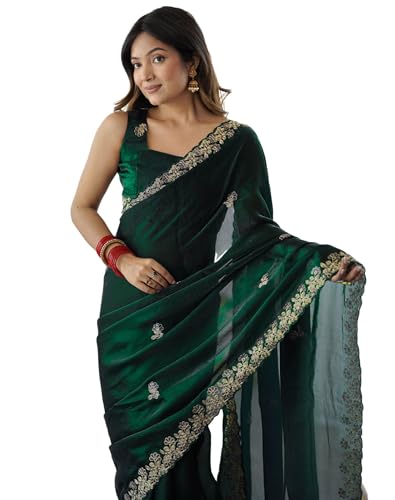 Image of SIRIL Women's Tissue Silk Sequence Embroidery Saree with Unstitched Blouse Piece