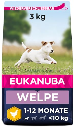 Eukanuba Welpenfutter mit frischem Huhn für kleine Rassen, Premium Trockenfutter für Junior Hunde, 3 kg