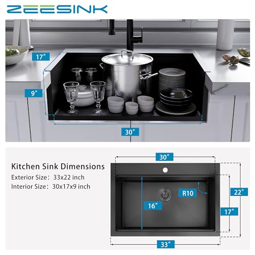 Image of 33 inch X 22 inch Drop In Kitchen Sink,16 Gauge Stainless Steel Black Kitchen Sink,Single Bowl Top Mount Workstation Kitchen Sinks (Black, 33 X 22 inch)