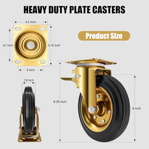 Image of WBD WEIBIDA 8 in Heavy Duty Plate Casters Set of 4, 3200 Lbs Industrial Rubber Wheels for Cart Furniture and Workbench,Outdoor Castors Dual Locking Replacement (4 Brakes, Free Spanner)
