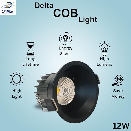 Image of D'Mak 12W Black Body LED Deep COB Light | Recessed LED Ceiling Light for Indoor Lighting (White, Pack of 4)