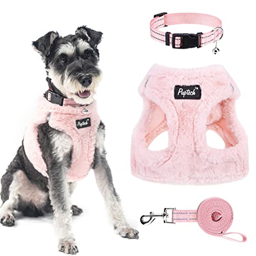 PUPTECK Adjustable Dog Harness Collar and Leash Set Step in No Pull Pet Harness for Small Medium Dogs Puppy and Cats Outdoor Walking Running, Soft Mesh Padded Reflective Vest Harnesses, Plush Pink S