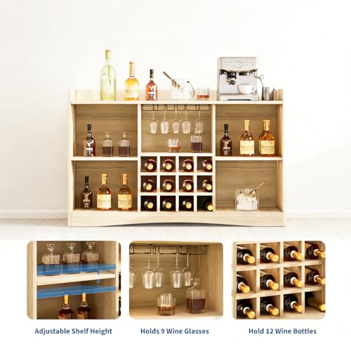 Garvee 47\'\' Fluted Wine Bar Cabinet with 9 Glass Holder and 12 Wine Racks - Liquor & Coffee Bar Cabinet with Storage for Home - Large Sideboard with 2 Doors for Living Room, Dining Room