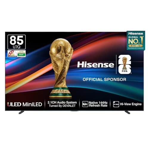 Image of Hisense 215 cm (85 Inches) 4K QLED Mini-LED Smart TV | 1000 NITS peak brightness | 144Hz Game Mode | Dolby Vision IQ & Dolby Atmos | 2.1 CH 50W Speakers (Built-in Subwoofer) | VIDAA OS | 85U7Q (Black)