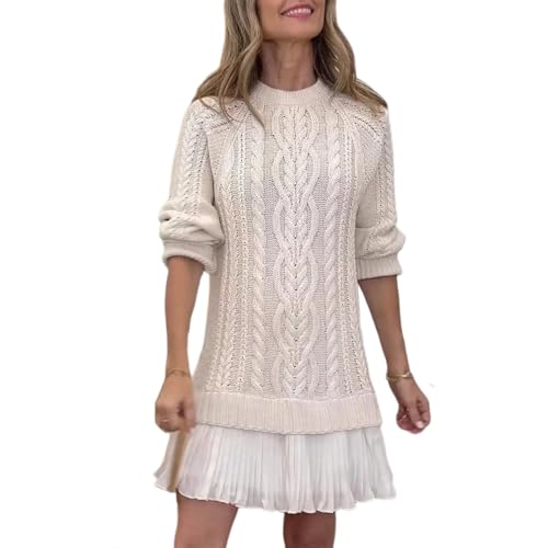 Women Crewneck Cable Knit Sweater Mini Dress, Crewneck Long Sleeve, Pleated Mini, Twofer Style