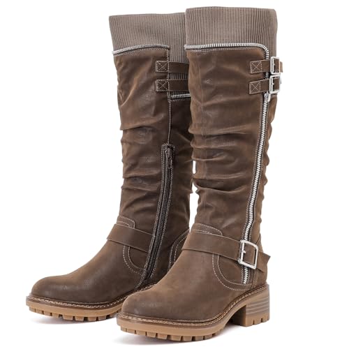 Women's Slouchy Knee High Boots Low Heel Comfort Round Toe Tall Calf Flat Riding Combat Boots for Women.