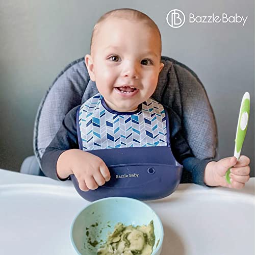 Bazzle Baby Silicone Bib For Baby With Food Catcher - Waterproof Roll Up And Button Feeding Bib For Toddler Eating 2-Pk #TOP4