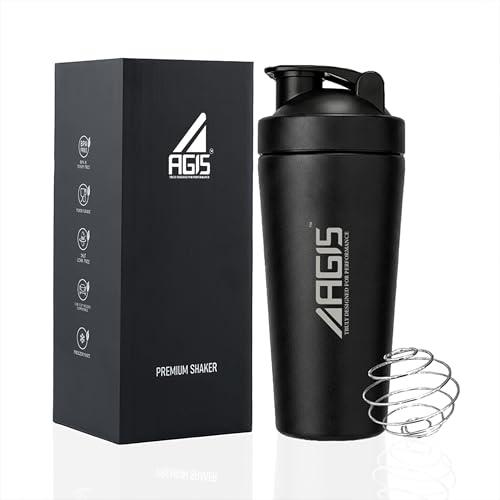 Image of AGIS Steel Shaker Stainless Steel 700ml Leakproof Shaker Bottle with Measurement Marking, Perfect for Fitness Enthusiast & Athletes, Ideal for Mixing Protein Shakes & Pre-Workout Formula (Black)