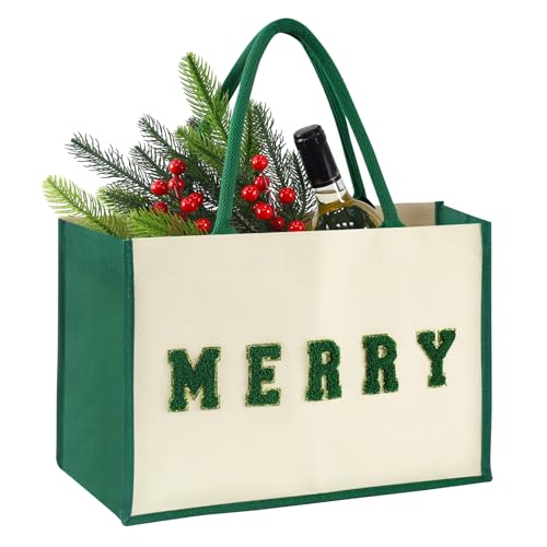15.5" Canvas Large Christmas Gift Bags with Handles, Reusable Chenille