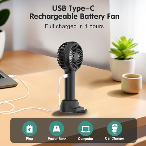 Handheld Mini Portable Fan, USB Desk Fan with Base as a Phone Holder, 3 Speeds Battery Operated Fans with RGB Color Light, Personal Fan for Kids, Women, Indoor, Outdoor Party(Black)