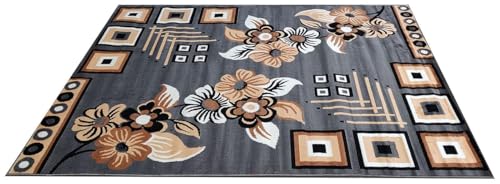 Image of Floral Design Acrylic Polyester Carpet for Living Room 6x8 Feet Color Grey(180x240Cm), Large Rectangle