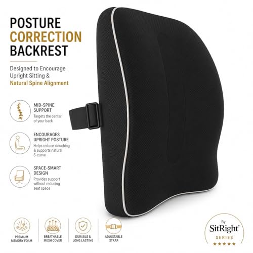 Image of Grin Health Posture-Correcting Backrest Cushion for Office Chair | Mid-Spine Support for Upright Sitting | High-Density Memory Foam | Orthopedic Back Support for Back Pain Relief, Black