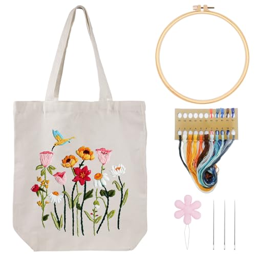 Louise Maelys Embroidery Kit Canvas Tote Bag for Beginners,Cross Stitch Kits for Adults,DIY Crafts Needlepoint Include Hummingbird Floral Pattern,Women Shopping Reusable Grocery Bags