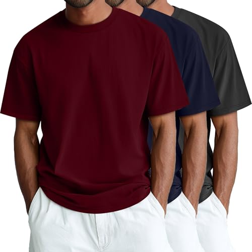 Ficerd 3 Pack Mens Big and Tall Shirts Short Sleeve Cotton Tee Crew Neck Basic Casual Top Loose Fit Summer T Shirts(Black Navy Blue Wine Red 3XL)