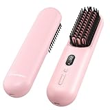Cordless Hair Straightener Brush with 200 Million Anion, Portable Comb for Travel with LCD Display, 2 Clips - Pink