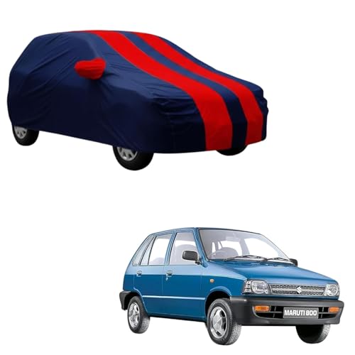 Image of RSP AARVIK Waterproof Car Body Cover Compatible with Mirror for Maruti Suzuki 800 with Long Lasting Durable Material Triple Stitched Elastic (2006-2025) Year Models (Red Stripe)