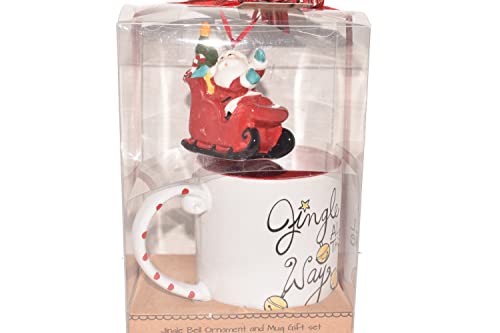 18oz JINGLE ALL THE WAY Jingle Bell Christmas Mug with Ceramic Santa in Sleigh Hanging Christmas Ornament Gift Set