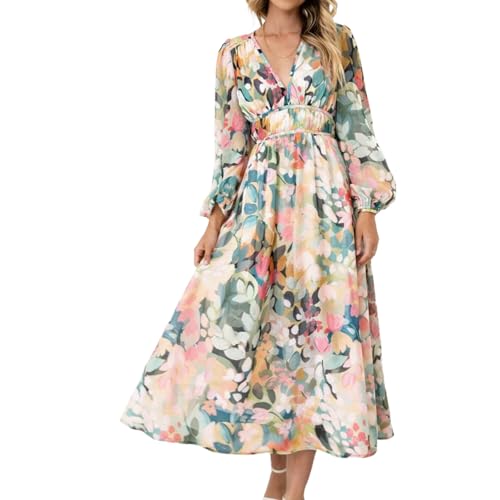 LOZ Women's Long Sleeve Spring Dresses 2026 V-Neck Puff Sleeve Multicolor Floral Dresses Elegant Wedding Guest Maxi Dress