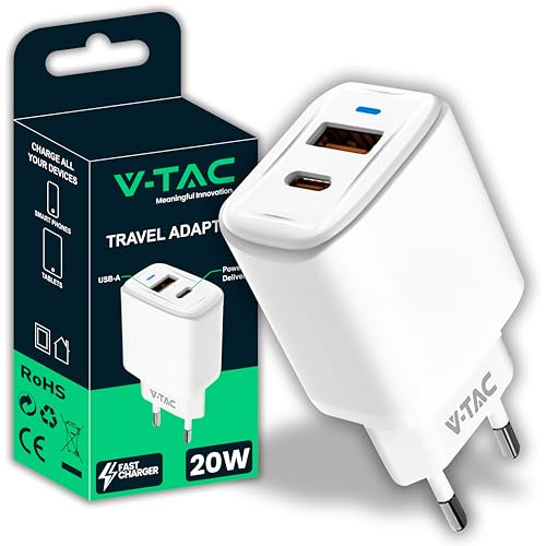 V-TAC Chargeur Rapide 20W USB-C pour iPhone et Samsung – PD - Ultra Rapide pour Smartphones et Appareils – 2 Ports USB Type C et USB A pour iPhone...