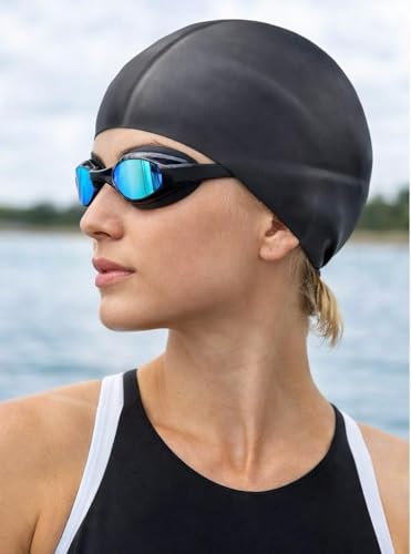 Image of TRAIS Premium Silicone Swimming Cap for Men & Women | Waterproof Stretch Swim Cap for Long & Short Hair | Anti-Slip Comfortable Fit | Black