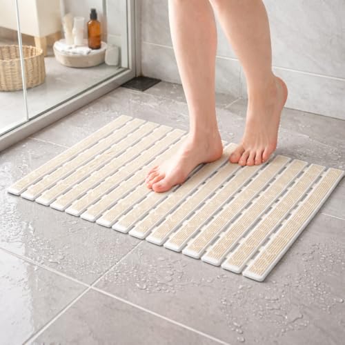 Image of Eurotex Premium Comfy Shower Mat with Suction Cups and Drain Holes, Non Slip, Anti Skid Plastic Bath Mat of PVC Rubber, 27x16 Inch, Best Foot mats for Walk-in Showers Mat (Beige)