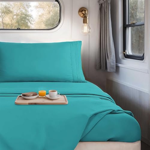 Image of Nestl Teal Short Queen Sheets for RV, Hotel Luxury RV Queen Sheets Set, 4 Piece Fitted Bed Sheet Set and Pillowcases, Super Soft, Wrinkle-Free, and Breathable Camper Bedding