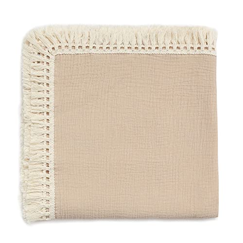 Image of insular Cotton Muslin Baby Blanket with Tassel, Boho Bohemian Muslin Swaddle Blanket Baby Receiving Blanket with Fringe, Nursery Decor Throw or Nursing Blankets, 47" x40”, Khaki