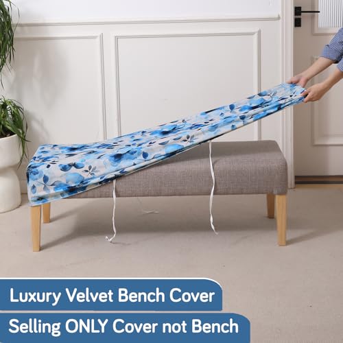 Image of HOKIPO Premium Printed Velvet Elastic Dining Bench Cover, Blue Azure Botanical (AR-5798-D8)